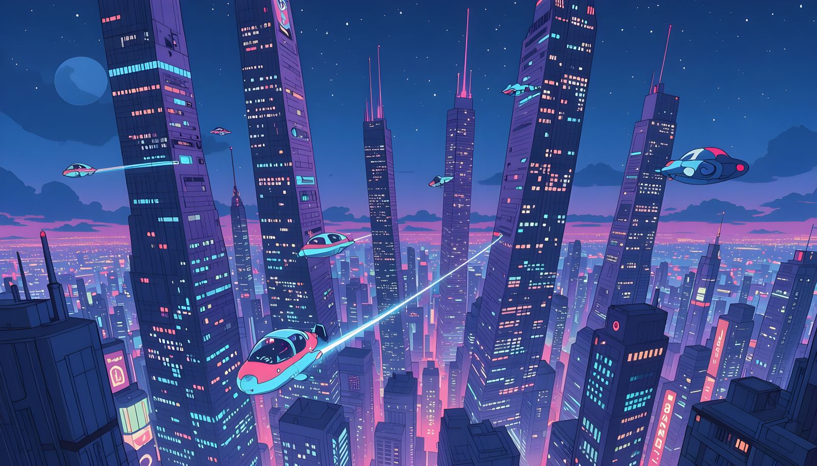 Futuristic Neon Cityscape with Flying Cars at Night