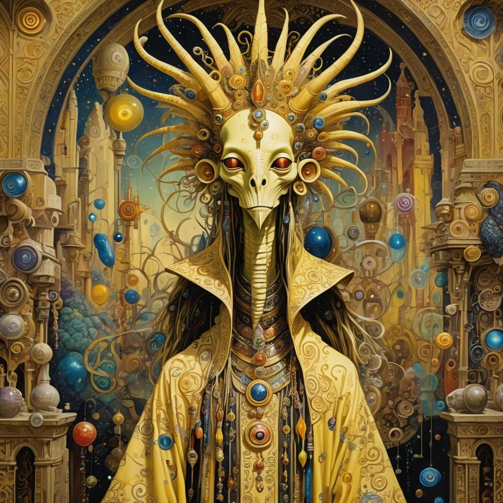 Fantasy Creature in Bazaar: Klimt-Inspired Digital Art