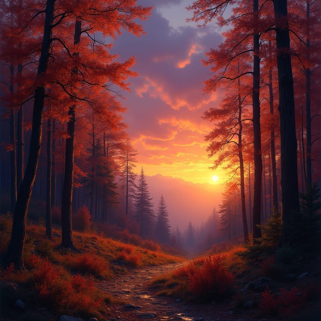 Romantic Autumn Forest Landscape with Vibrant Sunset