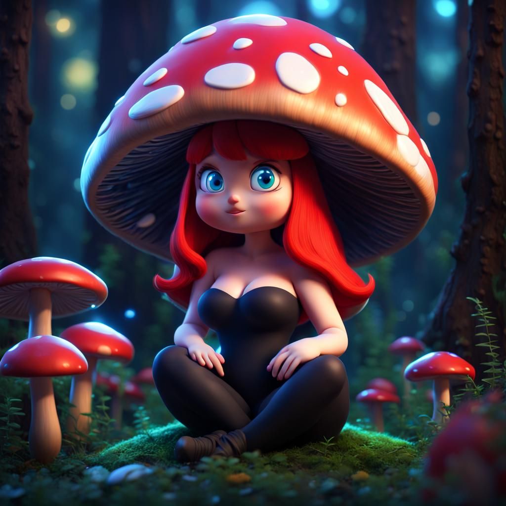 Anime Mushroom Woman in Magic Forest, 3D Art