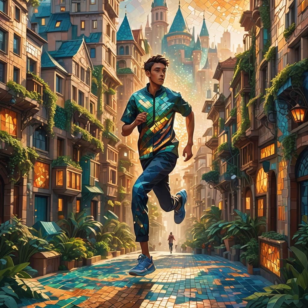 Mosaic Runner in Dreamlike Cityscape