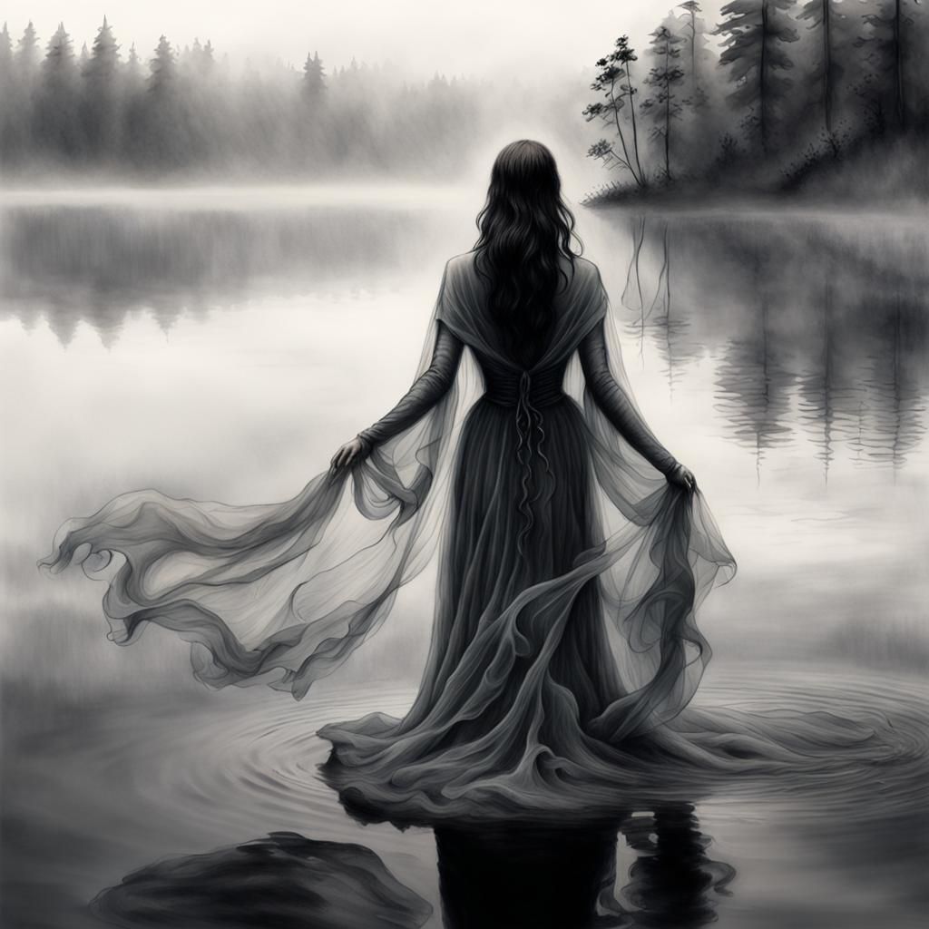 Ethereal Lady Emerges from Misty Lake: Charcoal Drawing