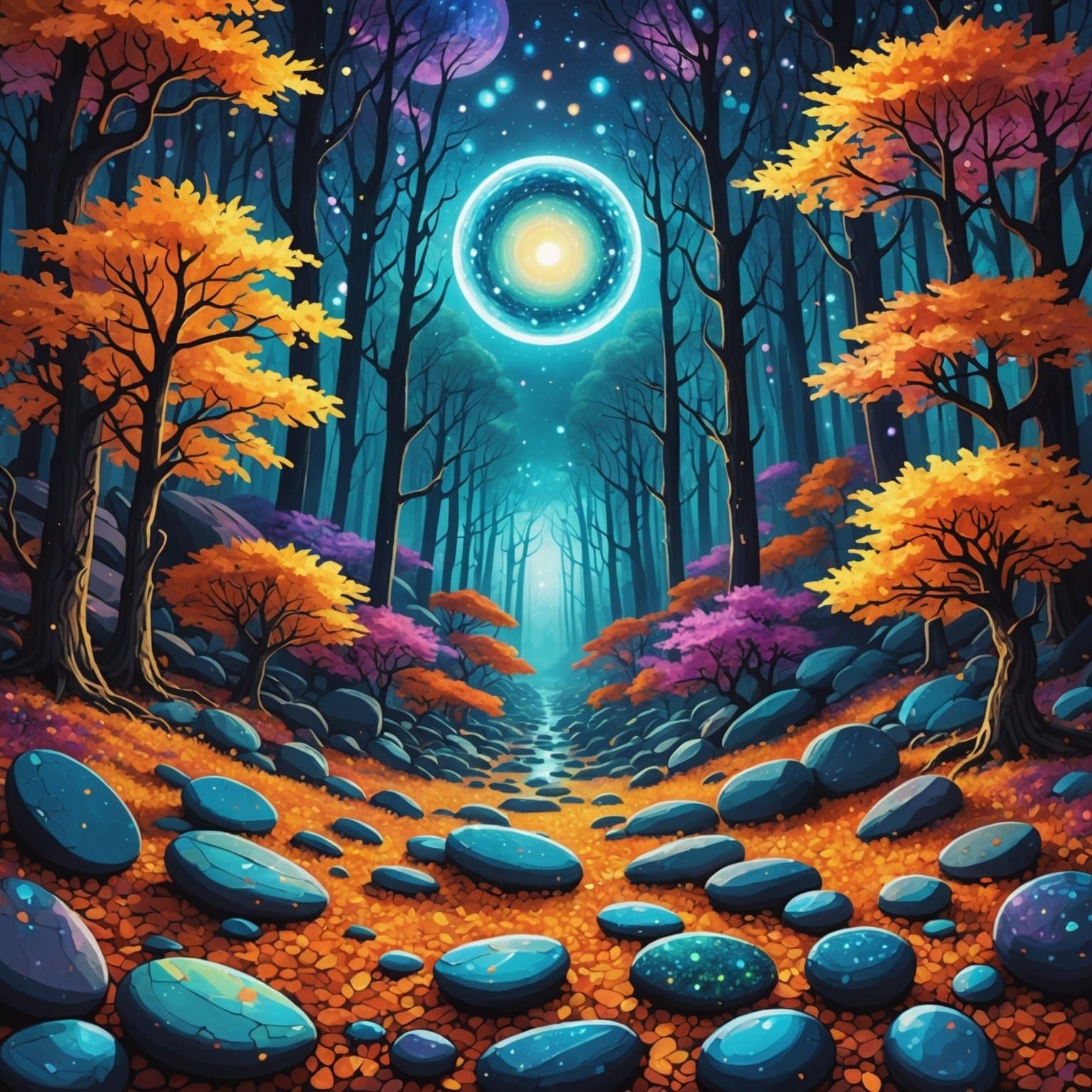 Autumnal Pebble Forest in Holographic Astral Style
