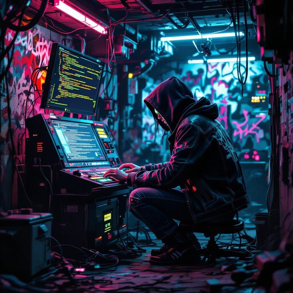 Cyberpunk Hacker in Neon-Lit Underground Bunker