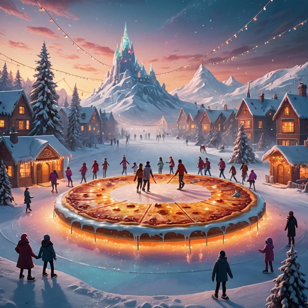 Kids Skate on Giant Frozen Pizza in Winter Wonderland