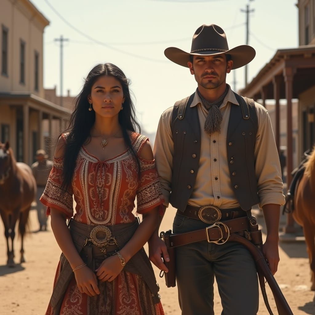 Wild West Scene: Mexican Woman and Cowboy on Dusty Street
