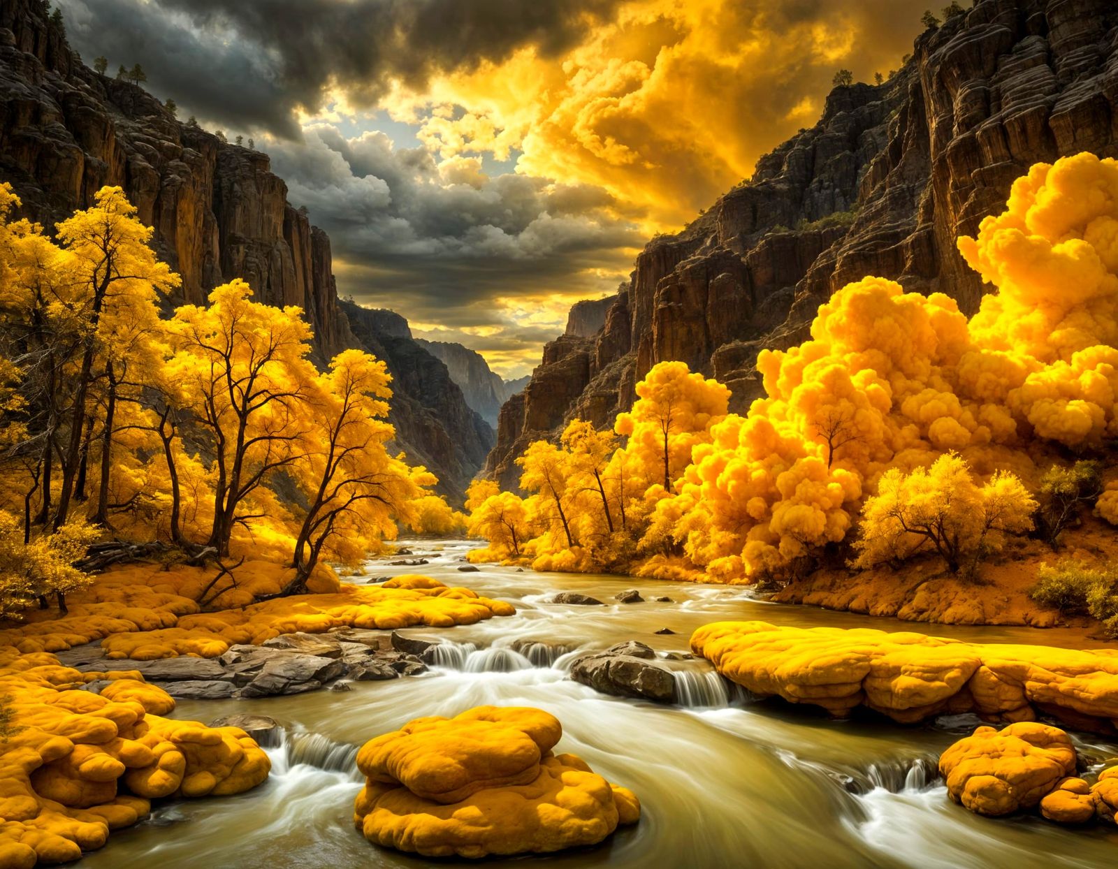 Golden River Landscape in Watercolor Style