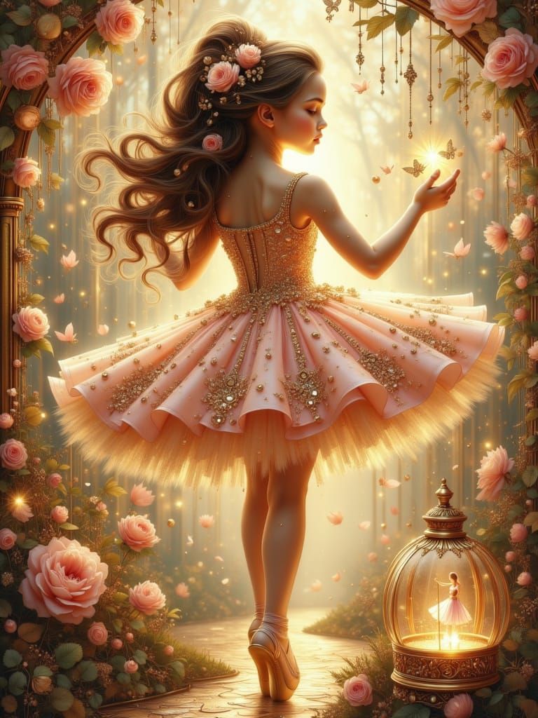 Ballerina Dances in Enchanted Garden with Gold and Jewel Ton...