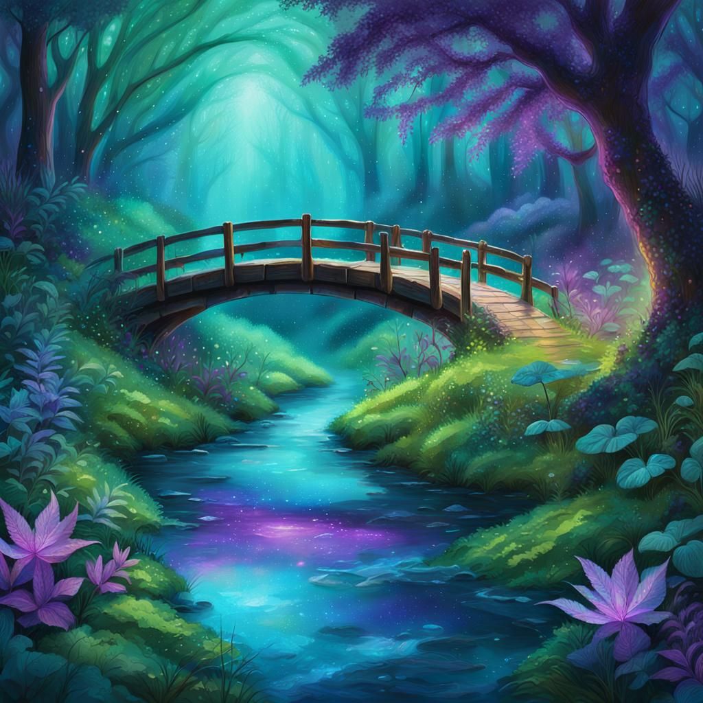 Cosmic Forest Stream with Glowing Mist, Mixed Media Illustra...