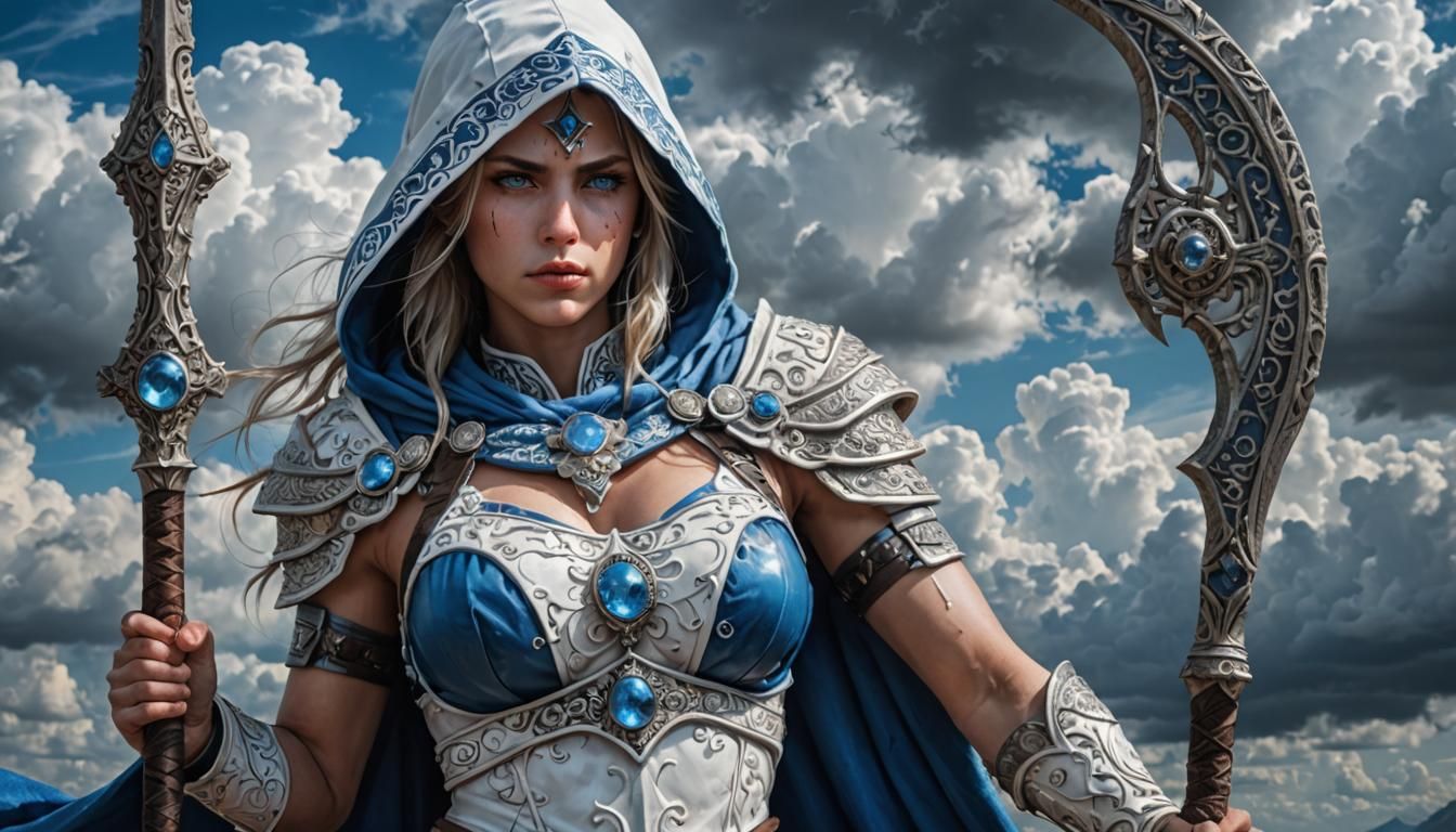 Blue Hooded Warrior Protecting Gateway in Hyperrealism