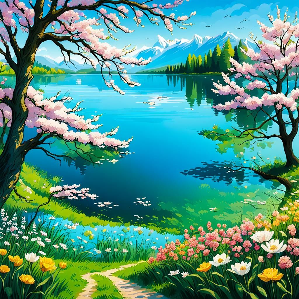 Lakeside Blossoms in Spring