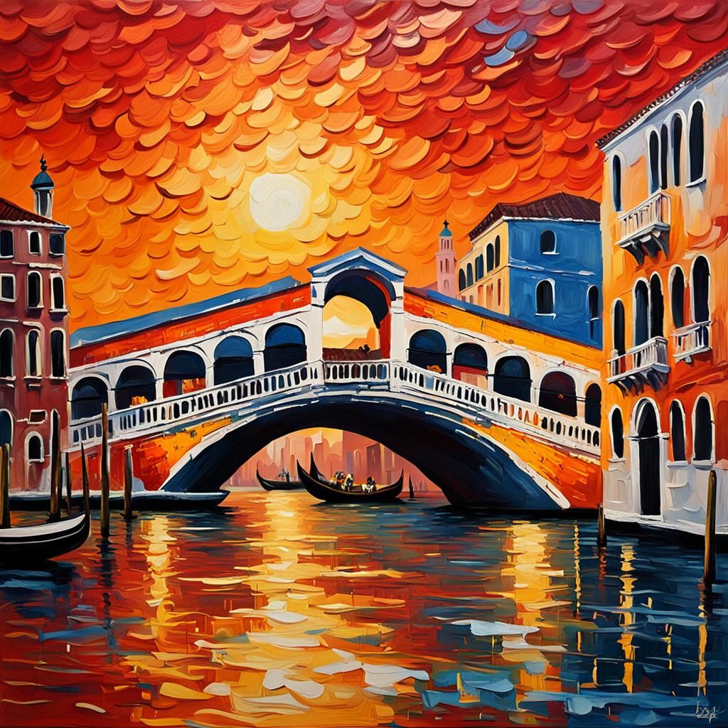 Venice Rialto Bridge Sunset in Impasto Style