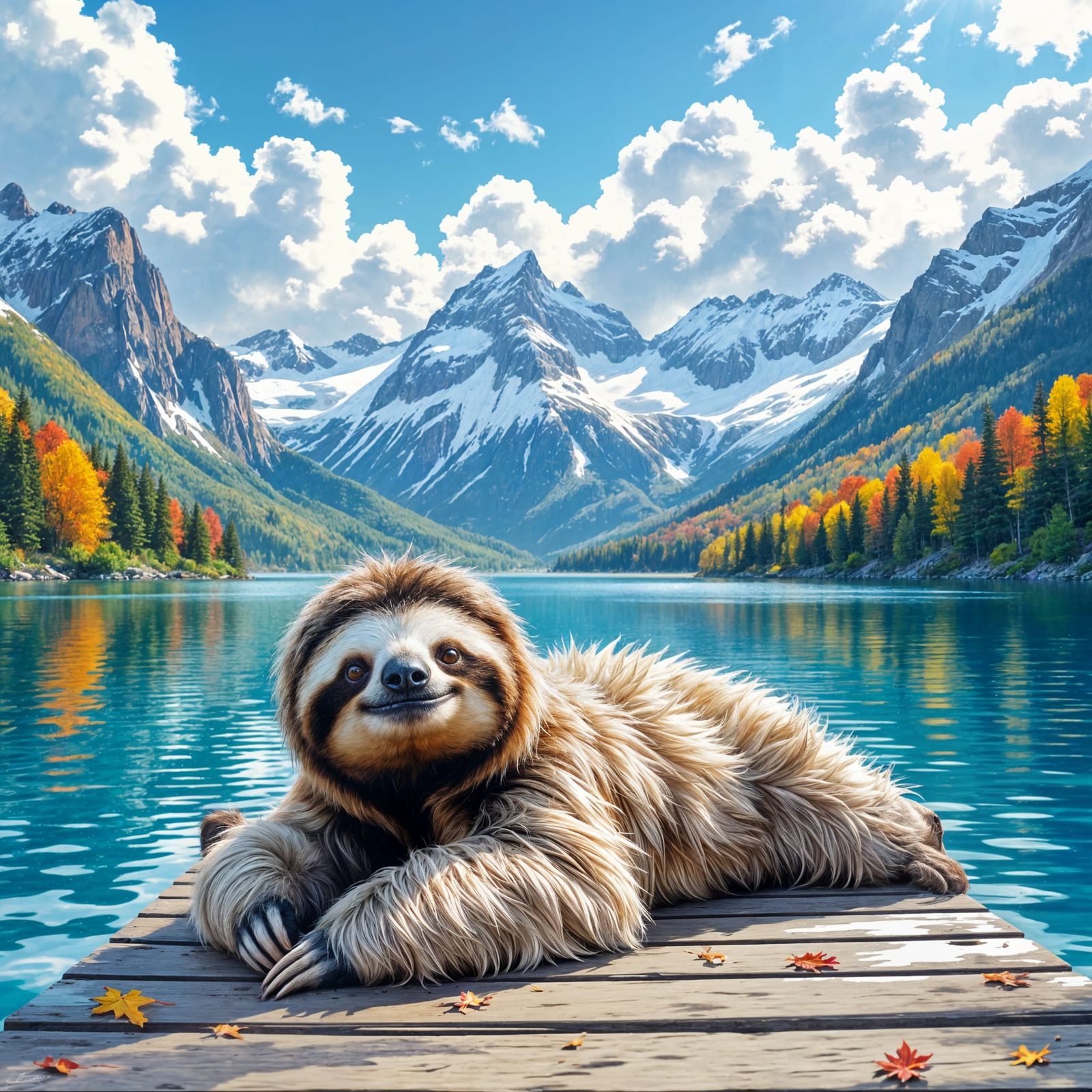 Fluffy Sloth Sunbathing by Mountains in Fall Splash Art