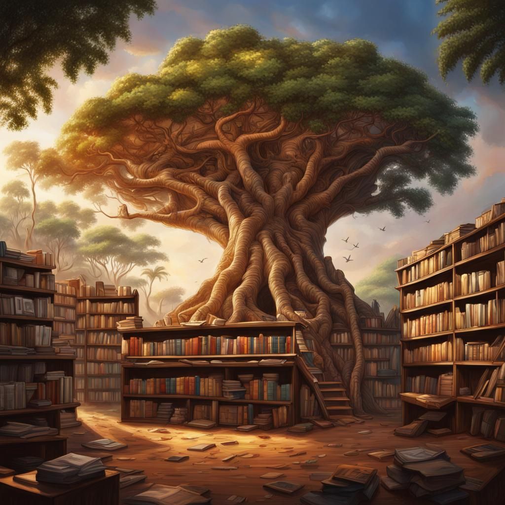 Hyperrealistic Bookstore Inside Baobab Tree in Africa