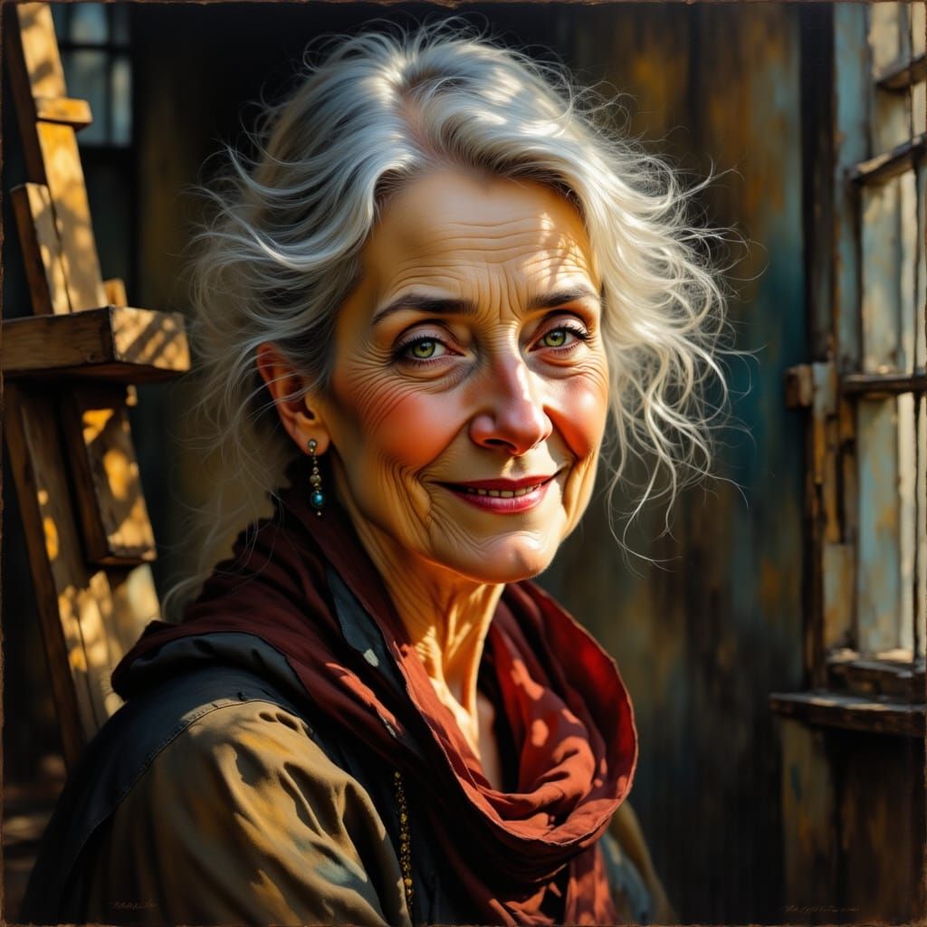 Elegant Elderly Woman Paints in Sunlit Studio