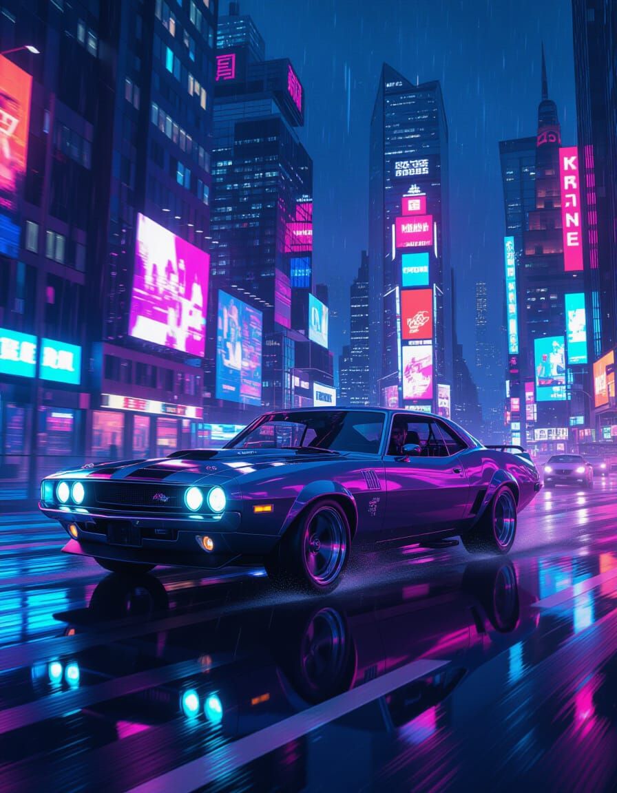 Cyberpunk Muscle Car Speeds Through Neon Metropolis