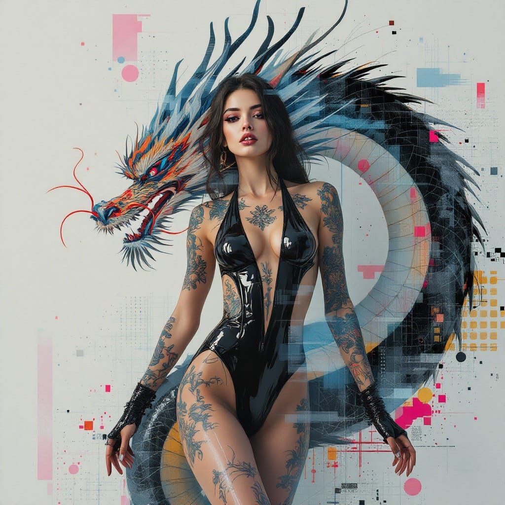 Grandiose Digital Renaissance Warrior with Dragon in Melting...