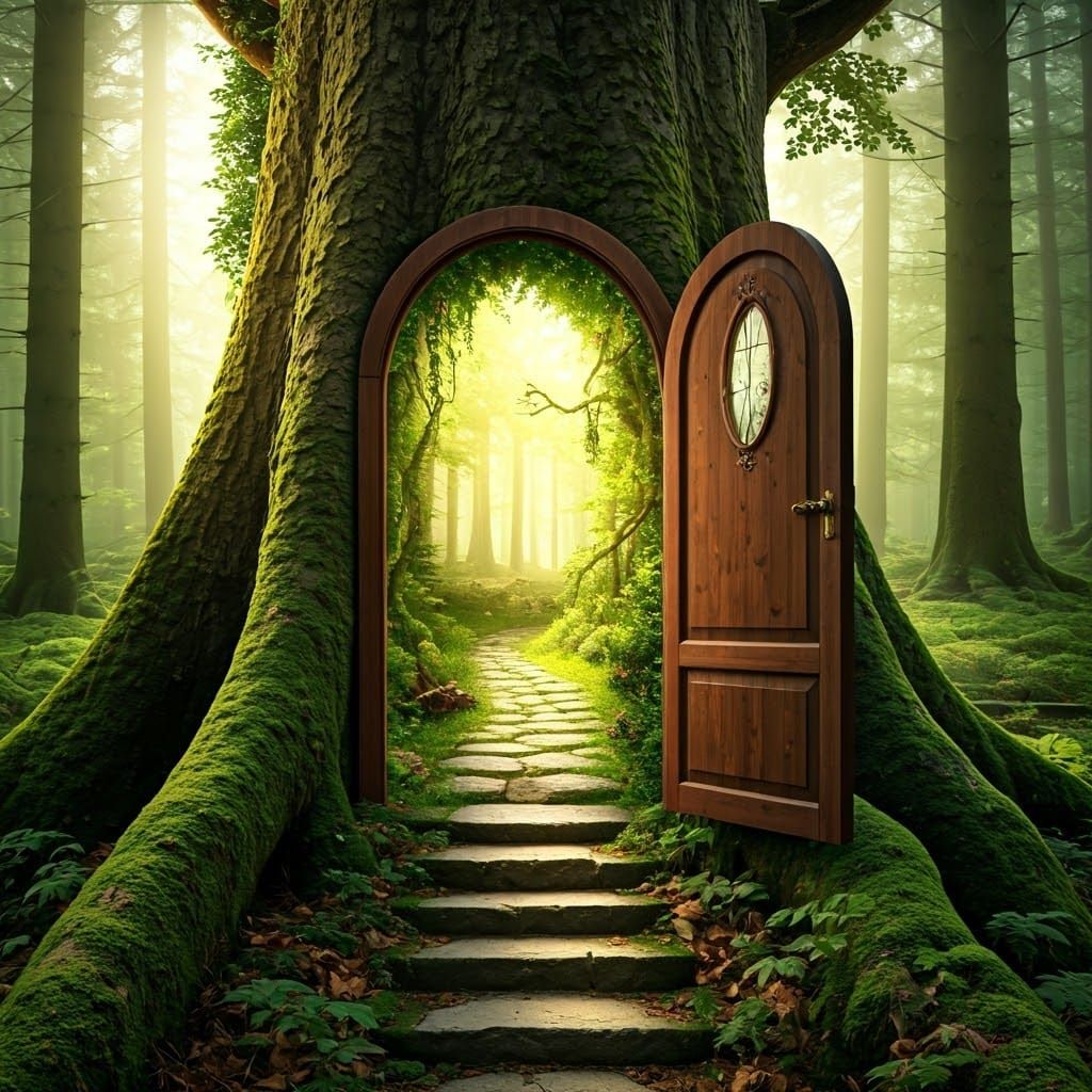 Fantasy World Portal in a Forest Tree