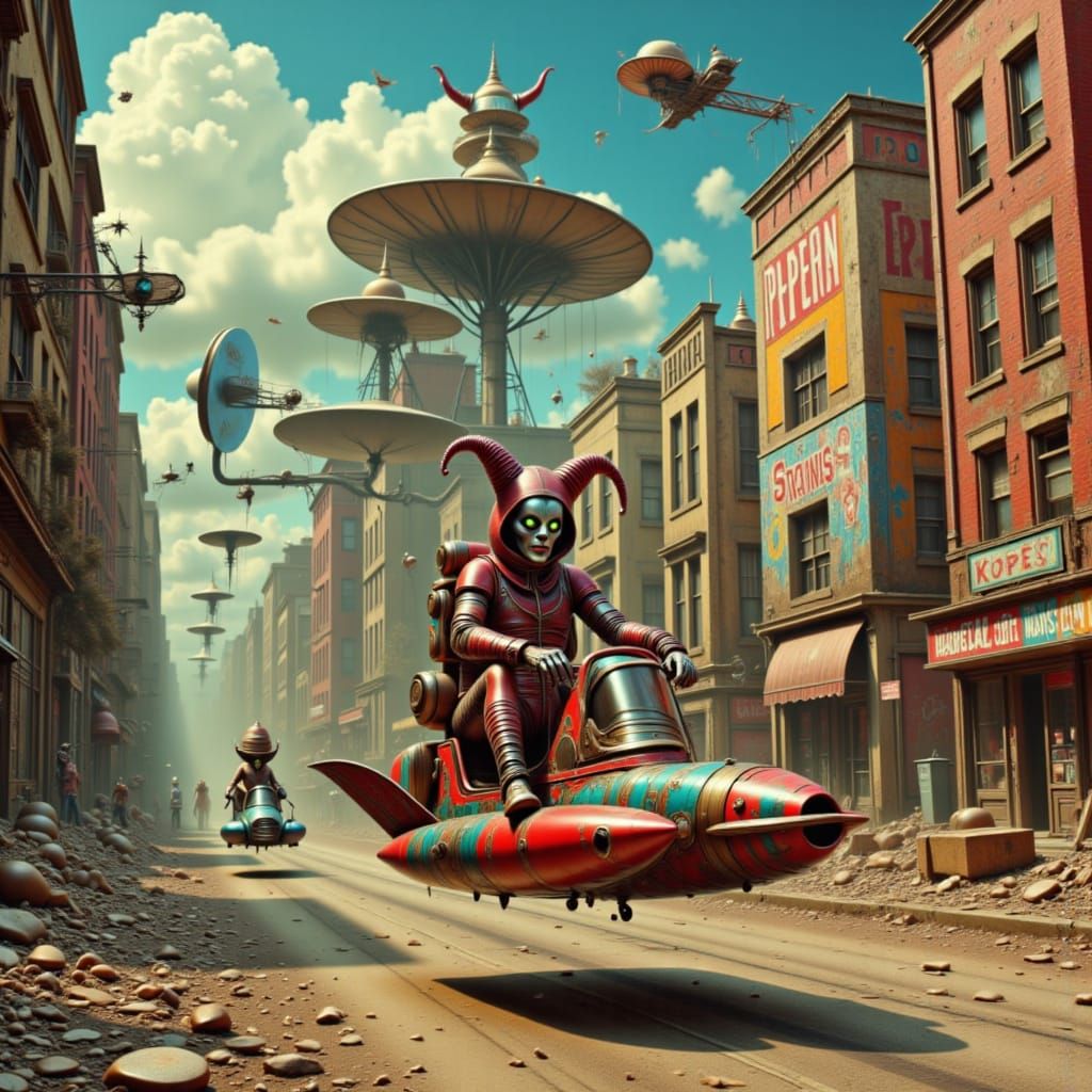 Jesters in Futuristic Scavenged Armor Speed Through a Post-A...