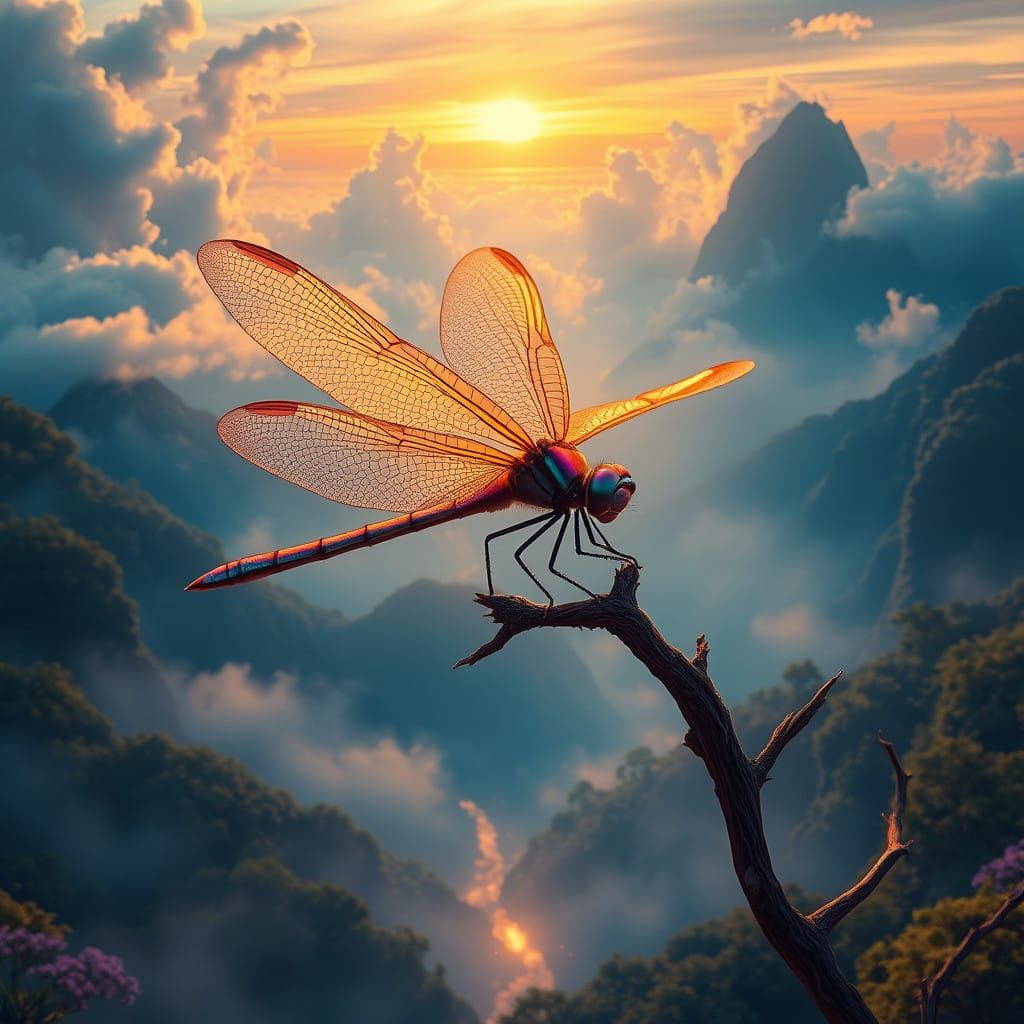 Iridescent Dragonfly Illuminated in Ethereal Glow