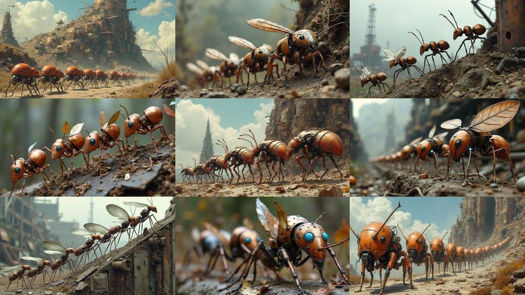 Mechanical Ants Carry Metallic Leaves Up Trash Hill