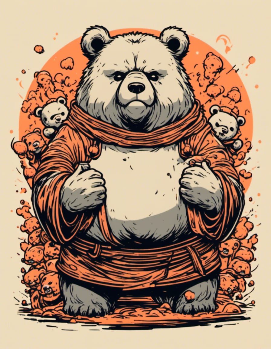 Anime Samurai Bear Surrounded by Ghosts Illustration