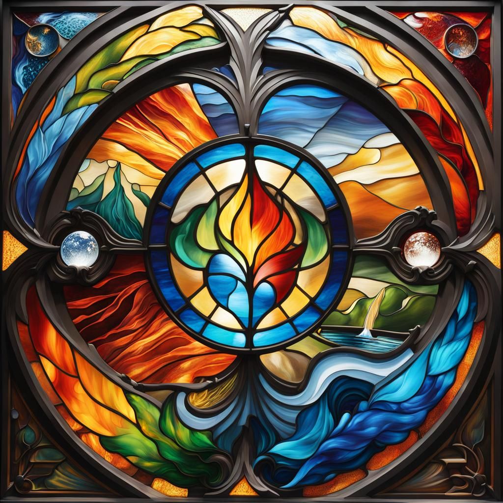 Stained Glass Art: Four Elements in Vibrant Graffiti Style
