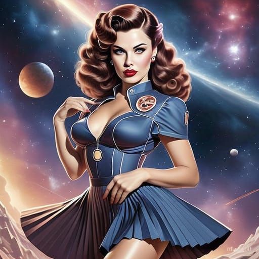 Glamorous Retro Sci-Fi Pin-Up in Vibrant Celestial Setting