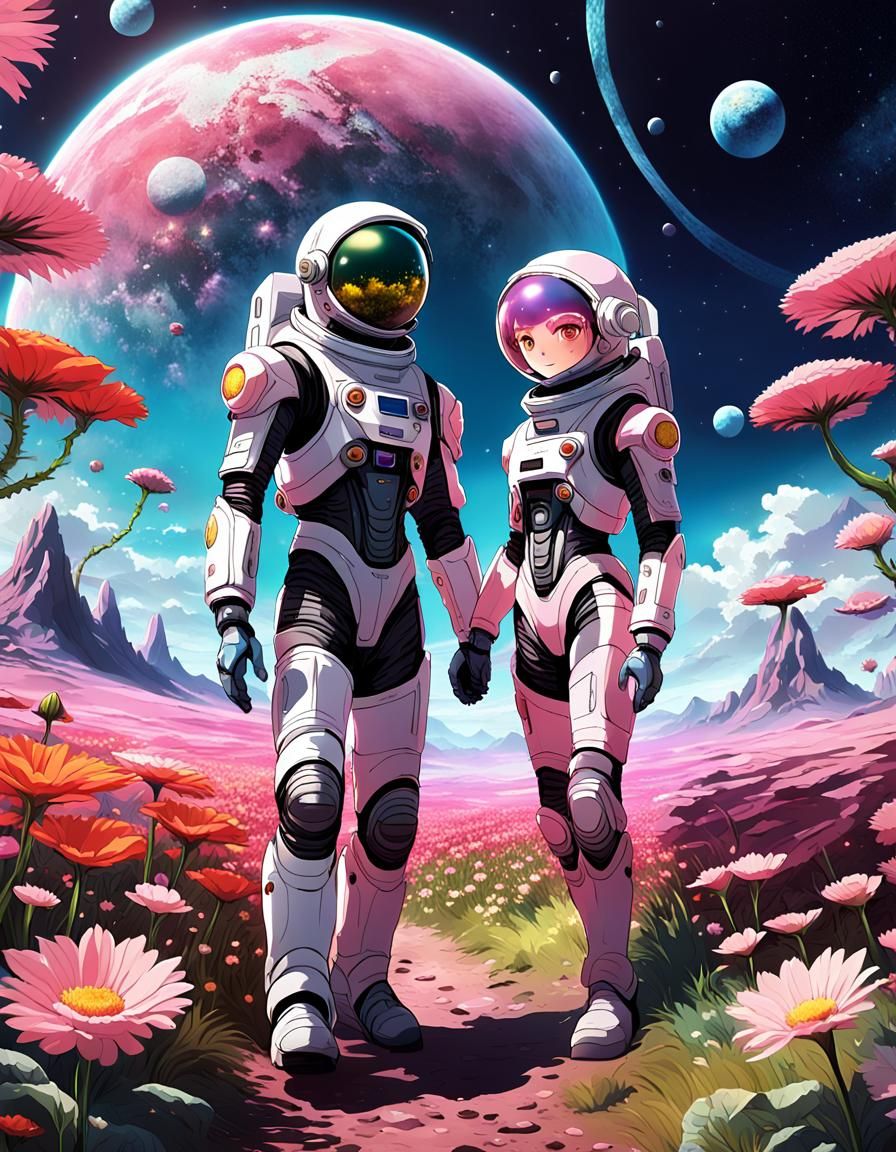 Astronaut and Alien Stroll Through Exotic Flower Field