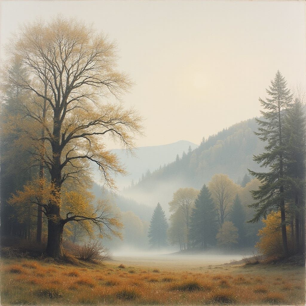 Misty Autumn Forest Watercolor Painting with Distant Hills
