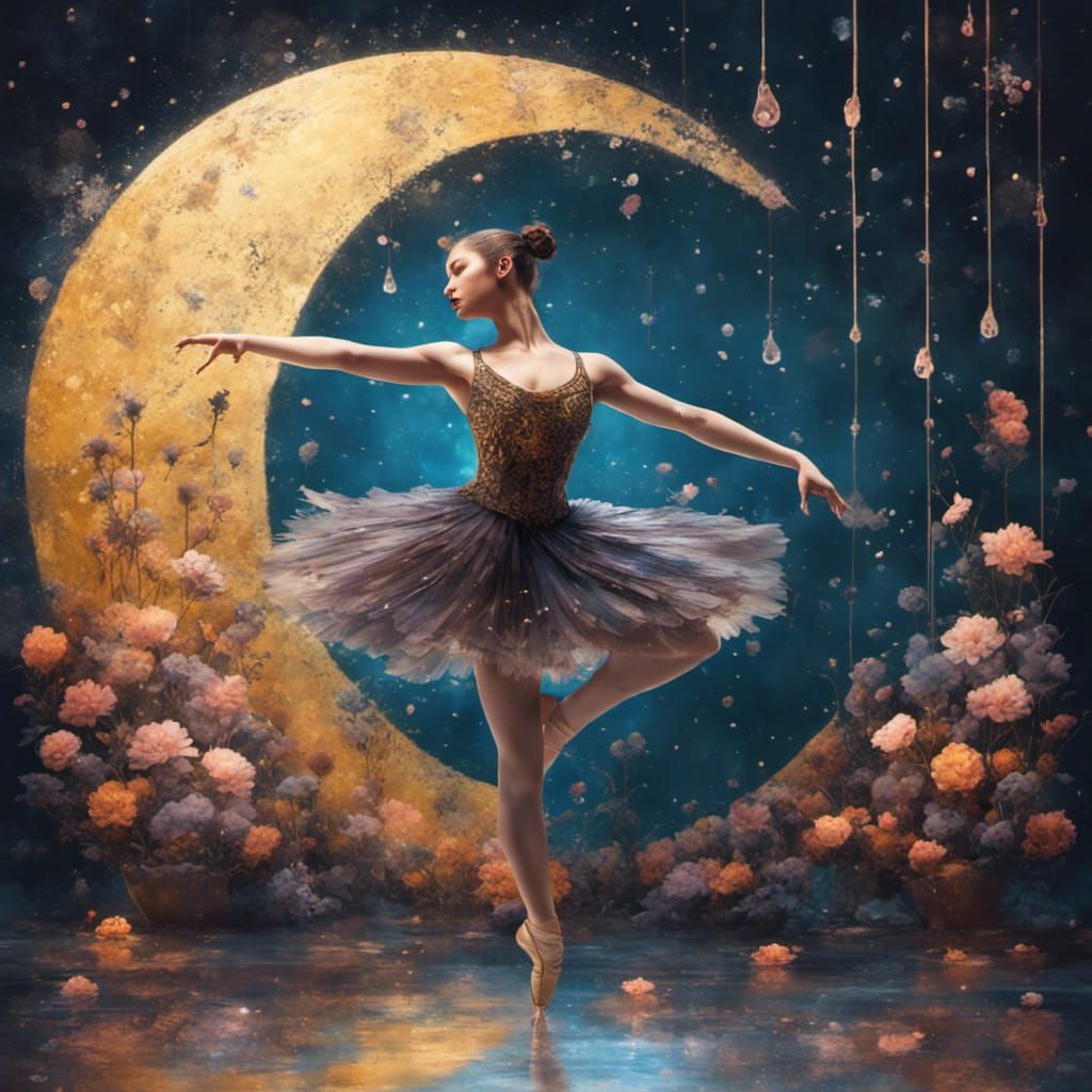 Ballerina's Golden Dance in Bioluminescent Moonlight