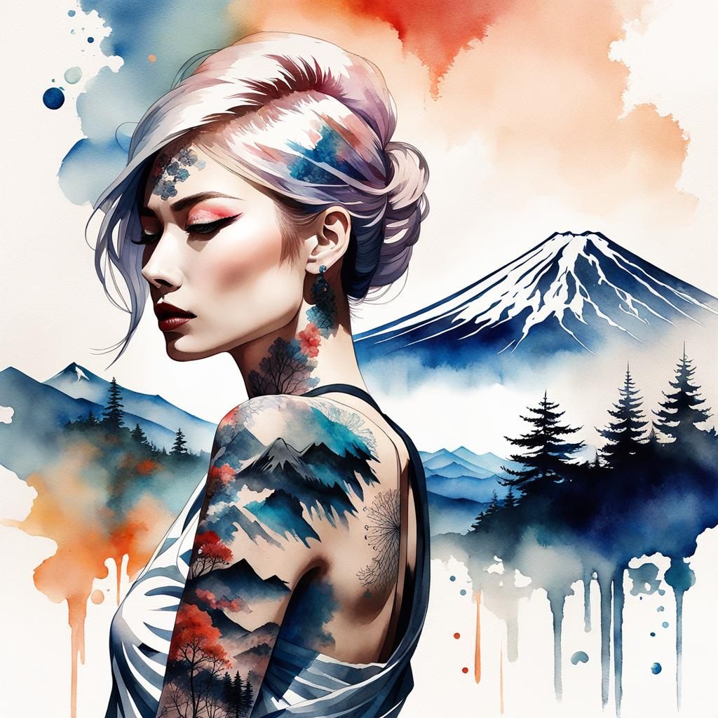 Double Exposure: Tattooed Woman and Mount Fuji in Watercolor