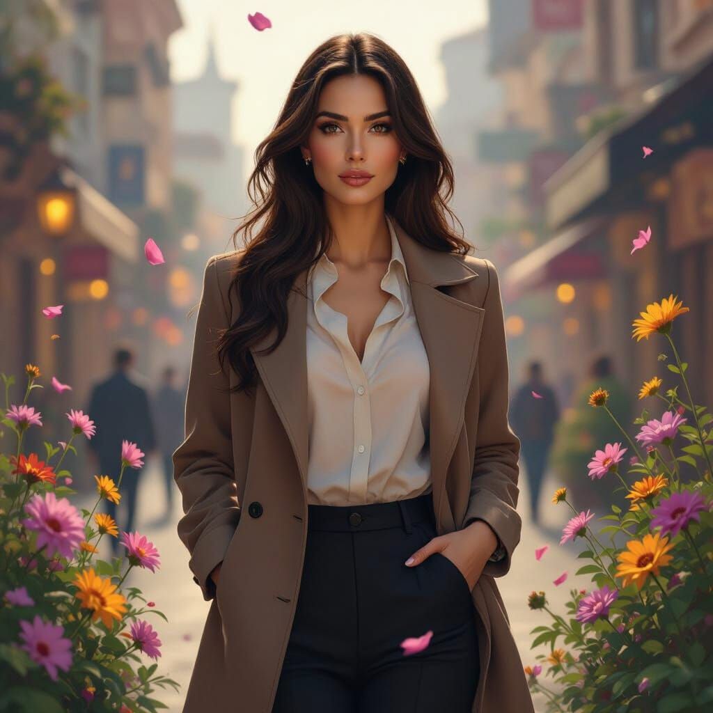 Elegant Woman in Island City: Oil Painting Style