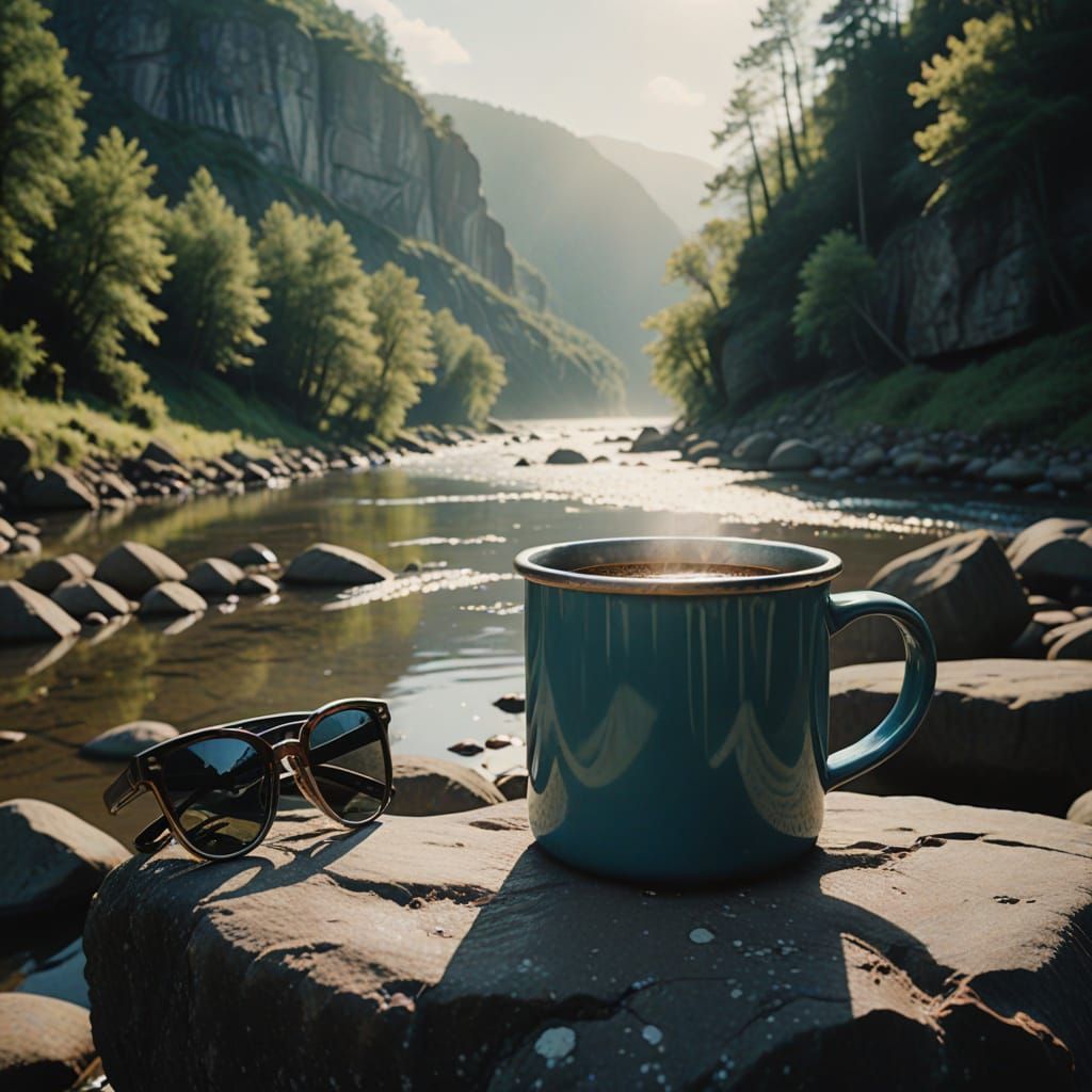 Coffee Mug on River Ledge in Cinematic Style