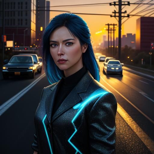 Electric Figure Balances Above City in Vivid Oil Painting