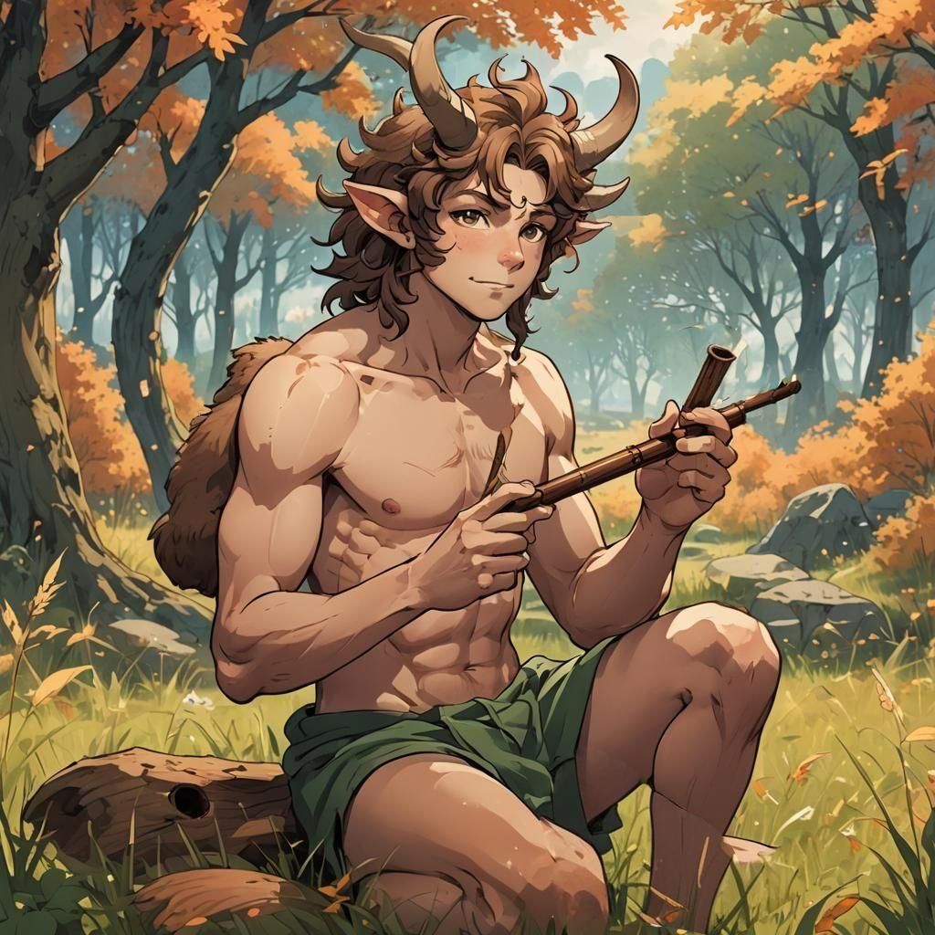 Satyr Playing Reed Pipe in Meadow, Anime Style