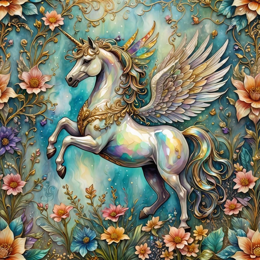 Iridescent Winged Unicorn in Alcohol Ink Style