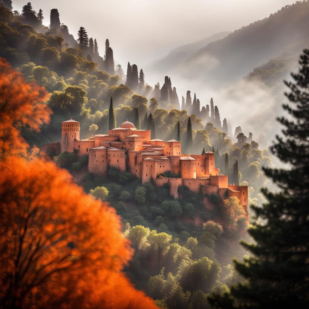 Moroccan Building with Sculpted Doors in Orange Haze