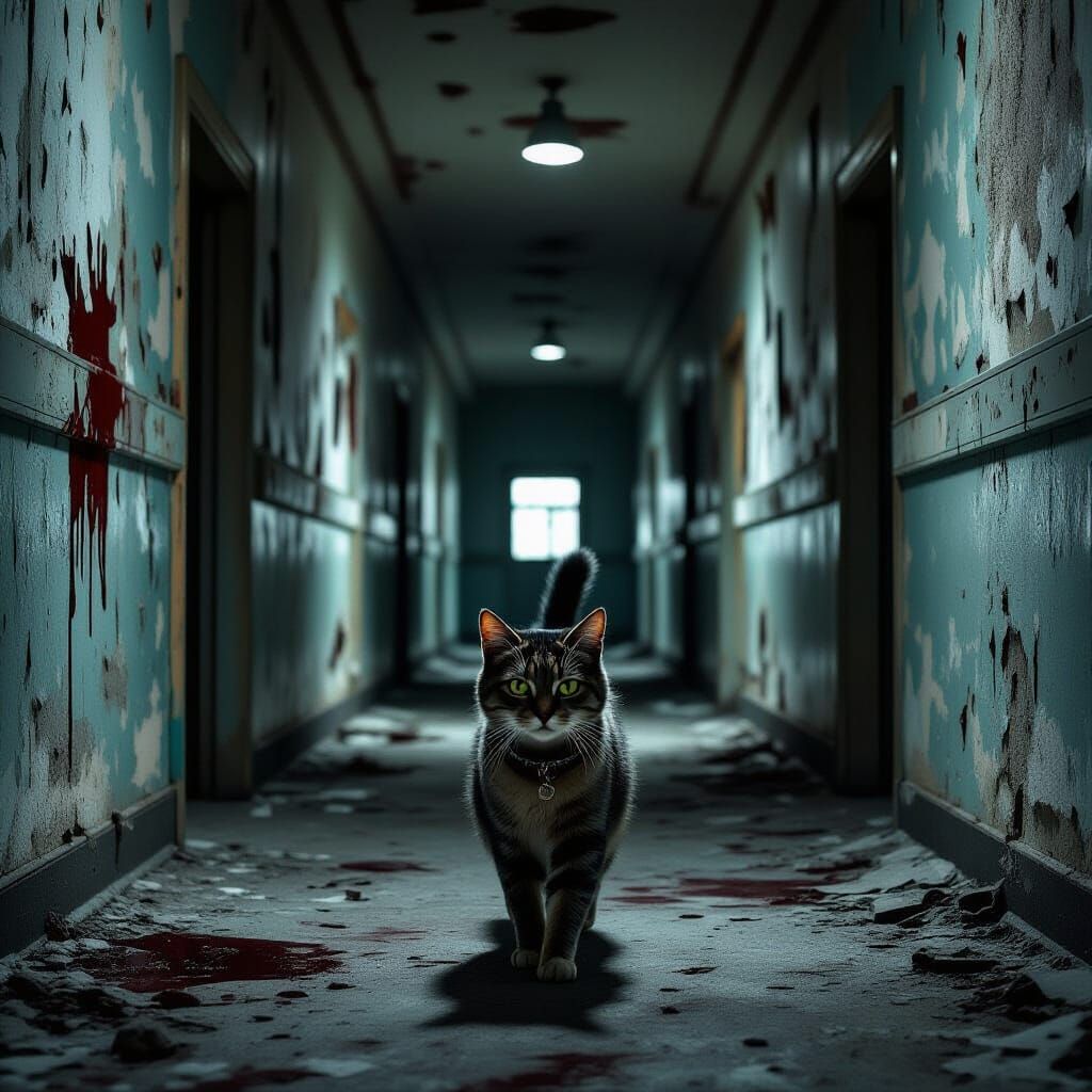 Creepy Stray Cat in Abandoned Asylum Corridor