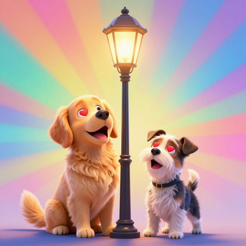 Joyful Dogs Adore Lamp Post in Pixar Style