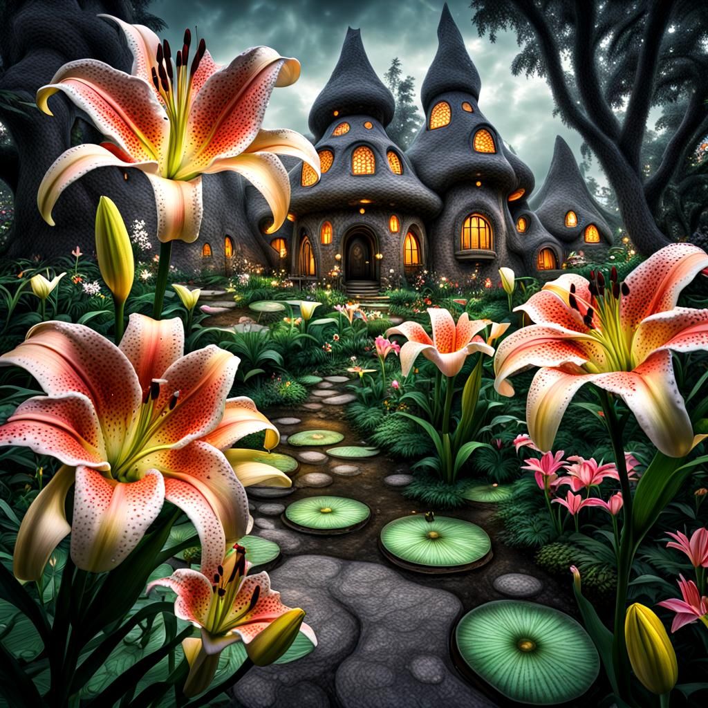 Fairy Village Among Giant Lilies in Hyperrealism