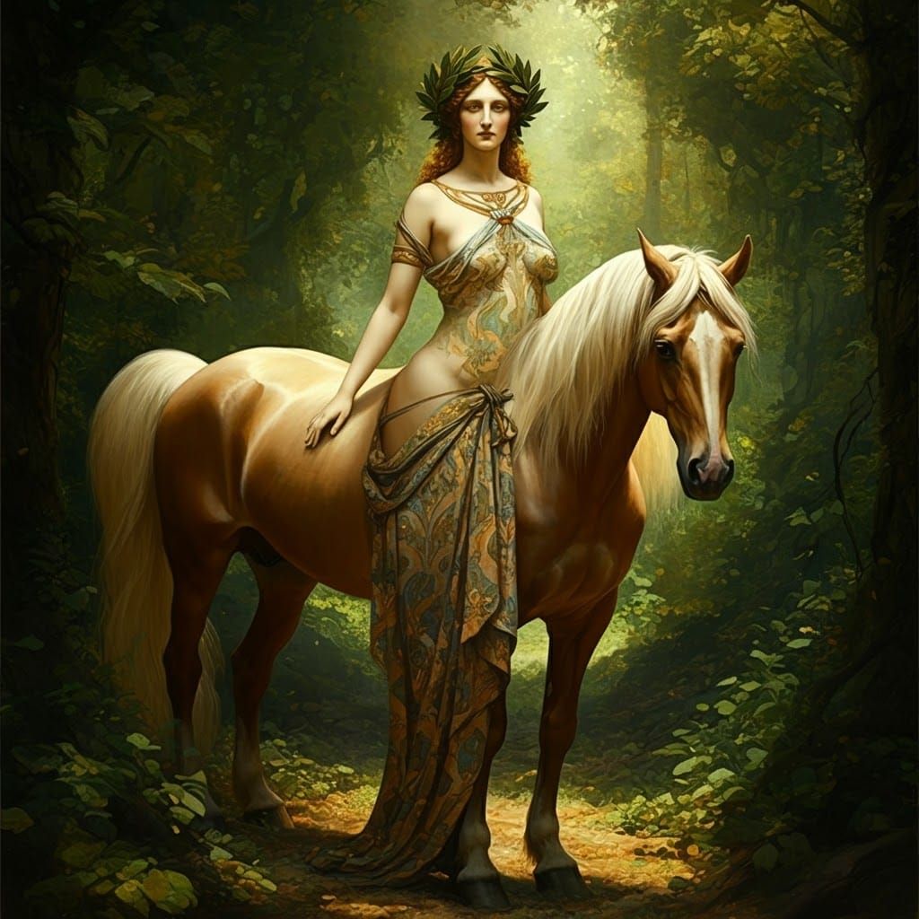 centauress, female centaur, mythological figure, human woman from waist up and a powerful horse from waist down, standin...