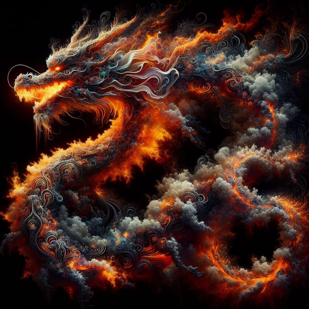 Fiery Fractal Dragon in Art Deco Nouveau Style