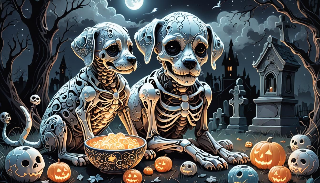 Skeleton Puppy in Graveyard with Glowing Treats