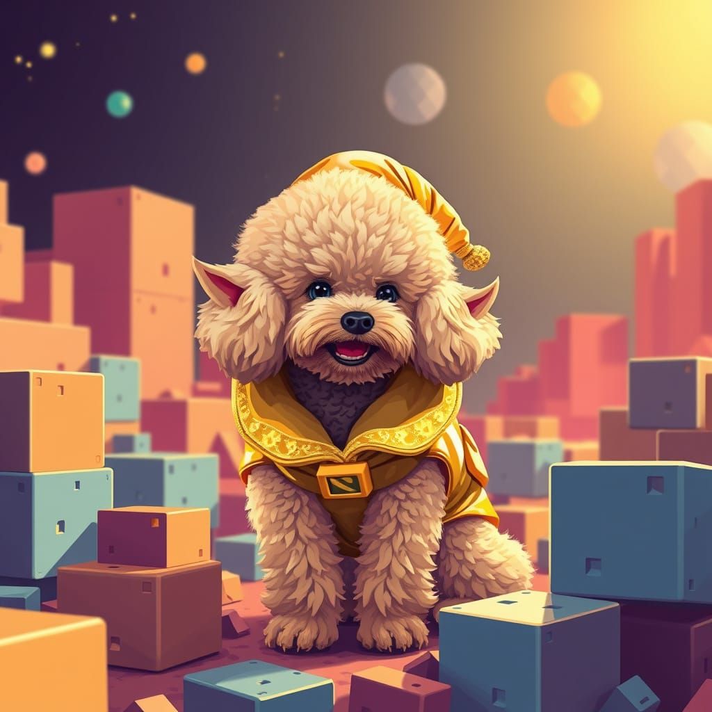 Golden Elf Poodle in 8-Bit Retrofuturistic World
