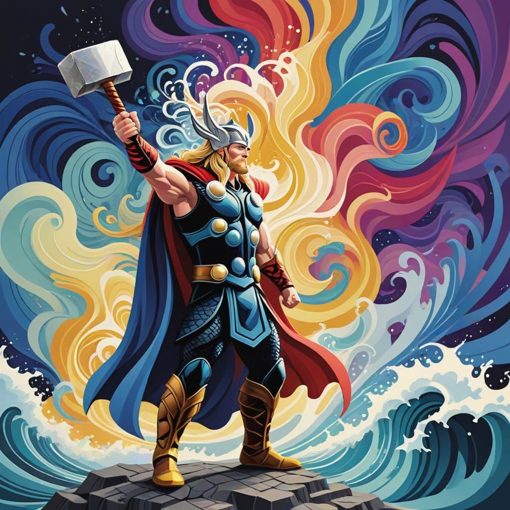Abstract Fractal of Thor with Vibrant Gouache Swirls