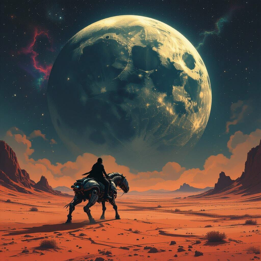 Cosmic Rider on Mechanical Steed Under Alien Moon