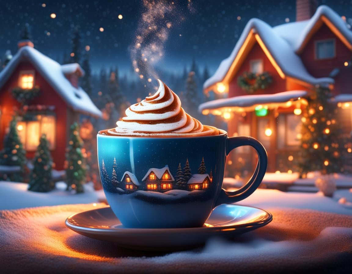 Steaming Coffee in Santa's Village under Starry Sky