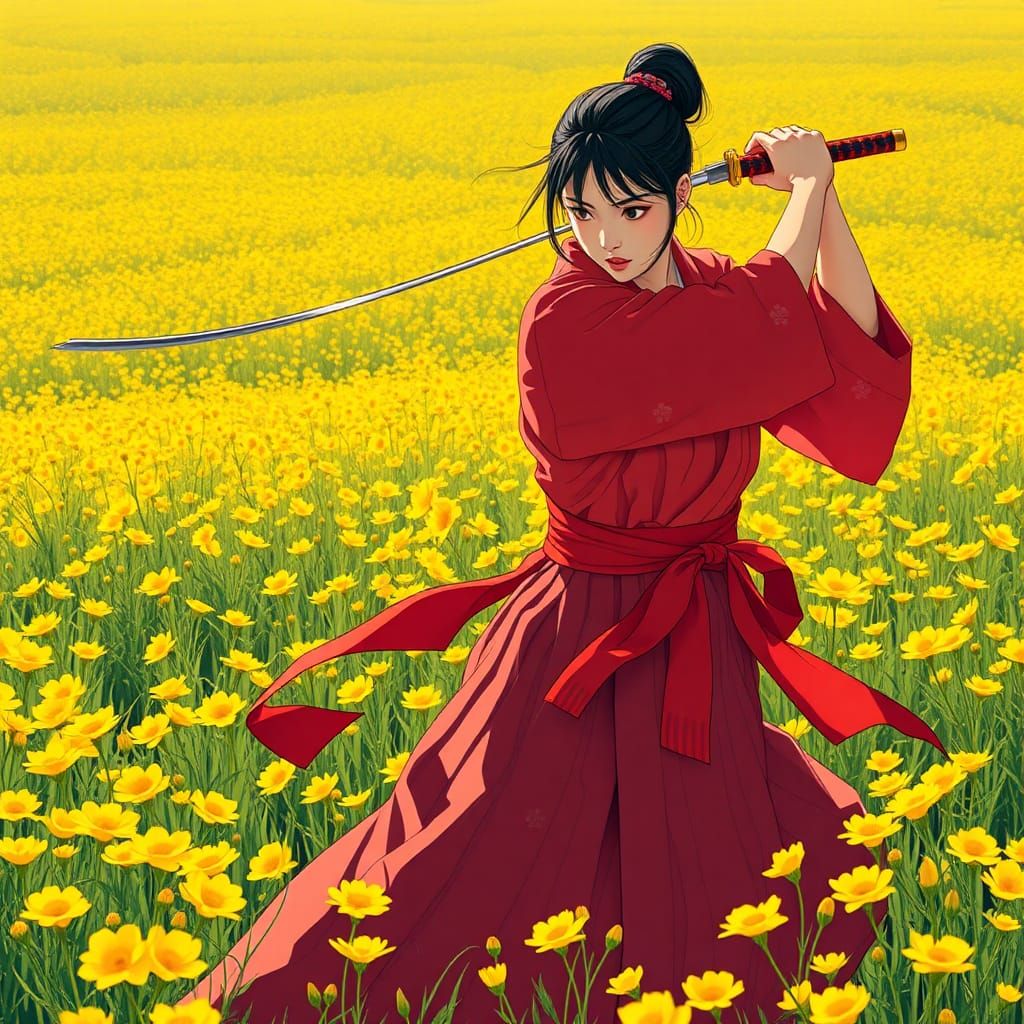 Japanese Woman Sword Fighting in Buttercup Field