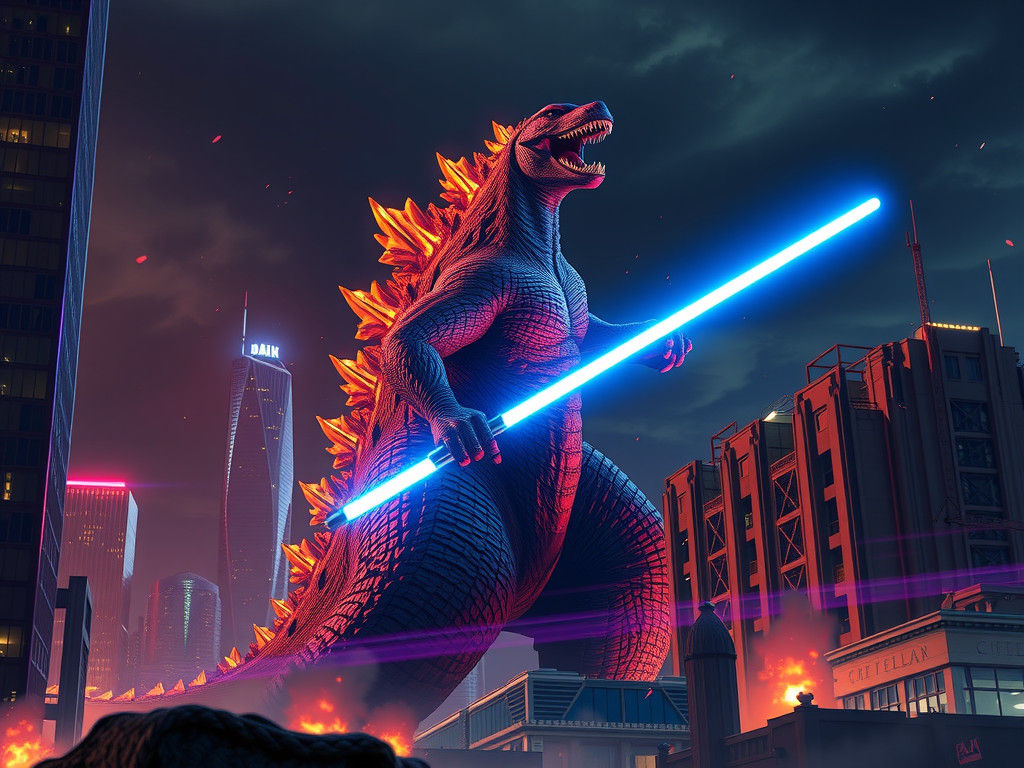Godzilla with Lightsaber in Cityscape, Dark Fantasy Art